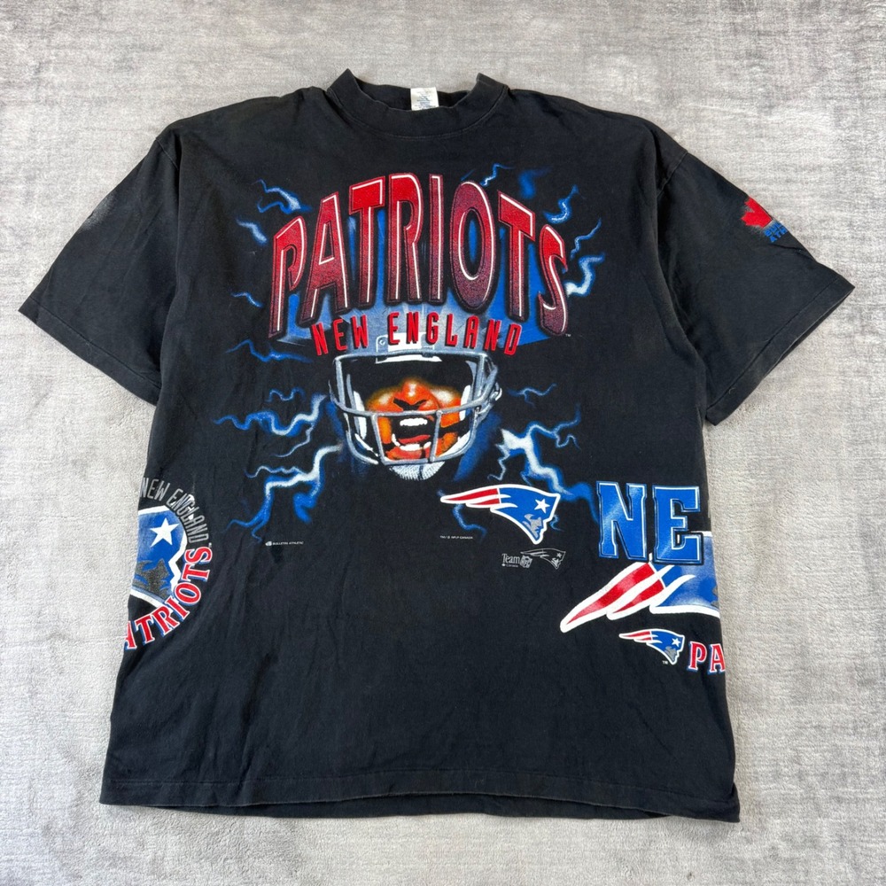 New England Patriots Shirt Mens XL Black Vintage 90s Bulletin Athletic AOP NFL